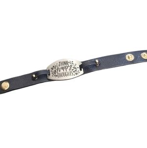 Black Faux Leather Bracelet with Silver Plate